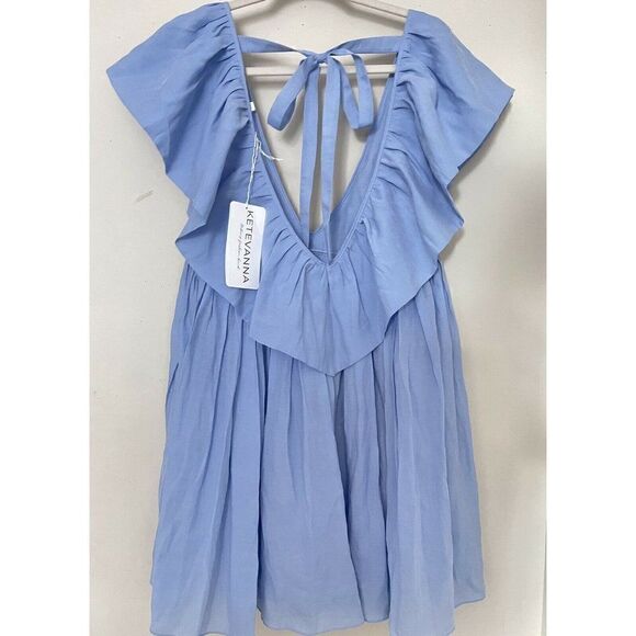 NWT FREE PEOPLE X KETEVANNA Sz M ANNA RUFFLE MINI DRESS IN BLUE - Picture 2 of 4